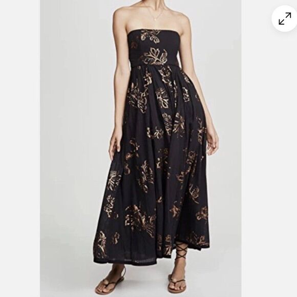 Free People Dresses & Skirts - Free People Baja Babe Black Bronze Foil Halter Midi Dress Sz M